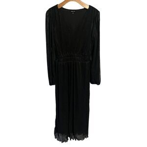 August Sky Maxi Dress Womens Large Black Ribbed V Neck Long Sheer Sleeves NEW